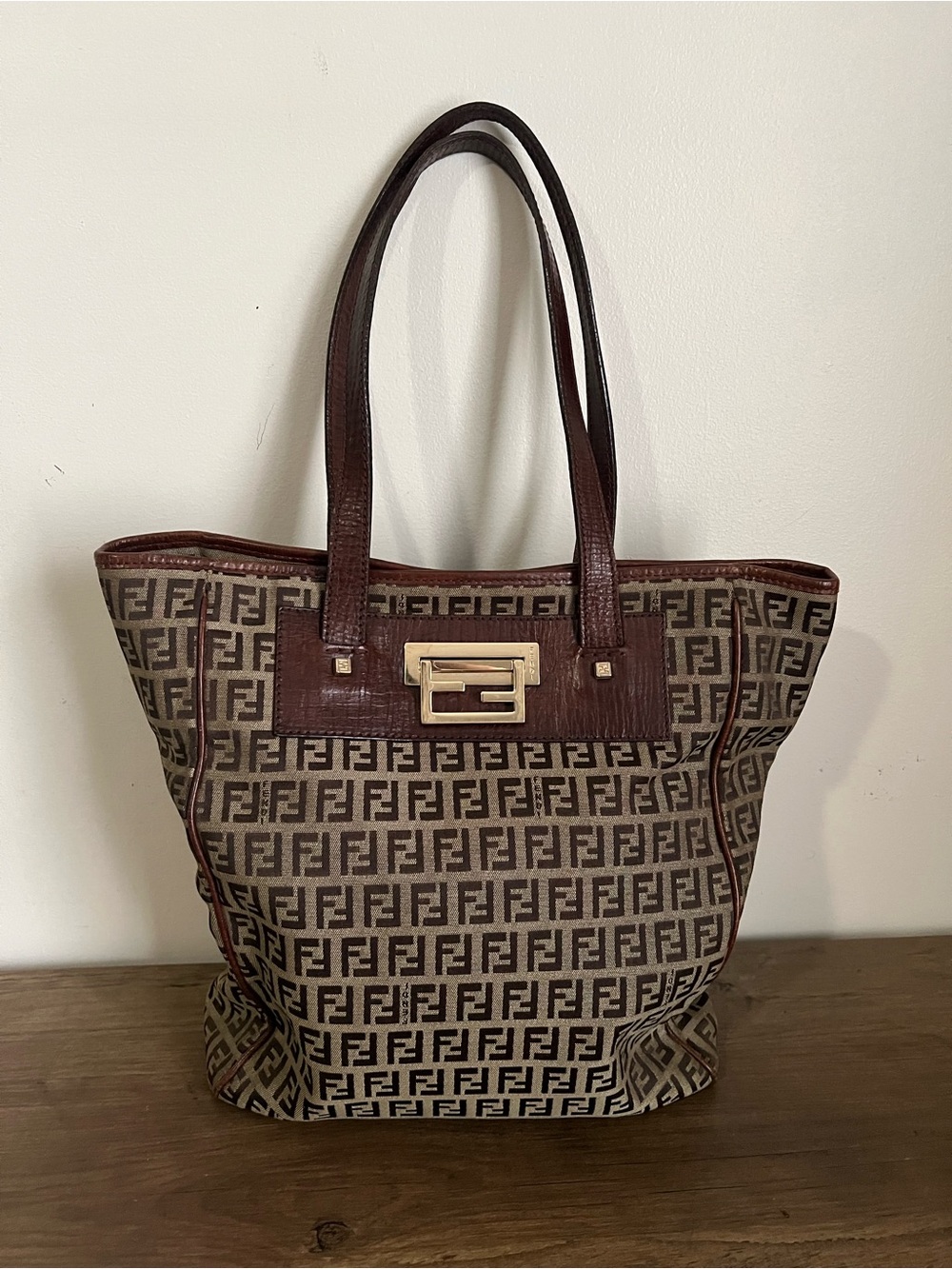 Fendi Beige and Brown Zucca Canvas Tote with Leather Trim